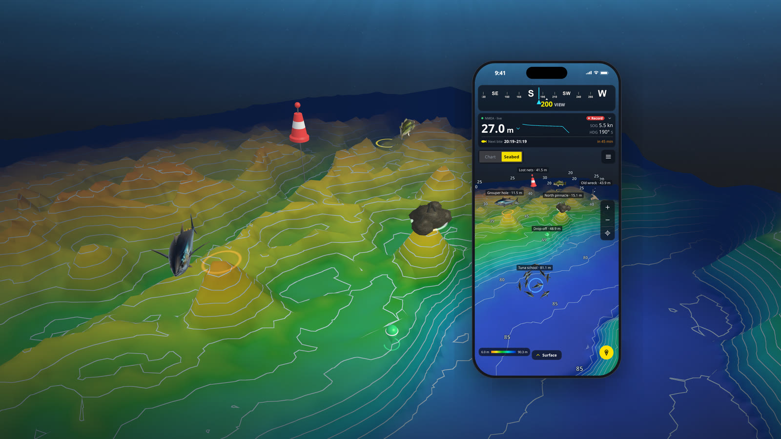 NMEA Mapper 3D: a recorded reef in 3D with contour lines and marks, next to an iPhone showing the app